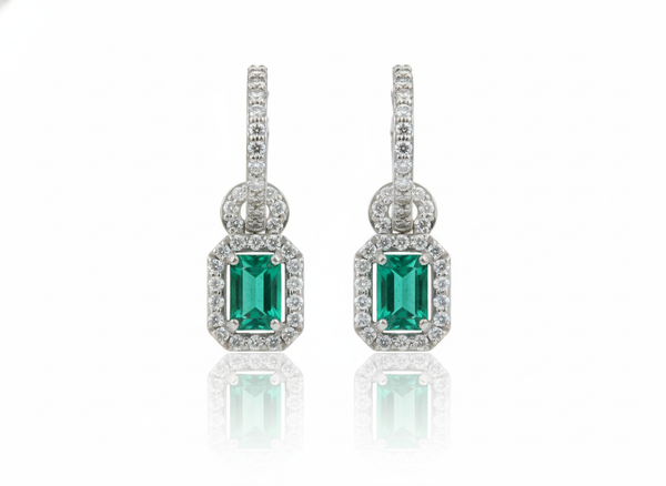Elegant Emerald cut Natural Emerald Halo Drop Earrings in 14K Yellow Gold Geometric Design