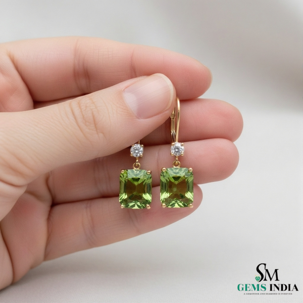 Emerald Cut Natural Peridot Diamond Dangle Earrings - Fine Jewelry Earrings