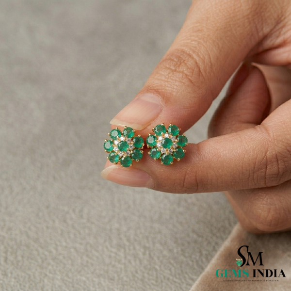 Luxury Round Emerald Cluster Stud Earrings – Diamond Floral Fine Jewelry