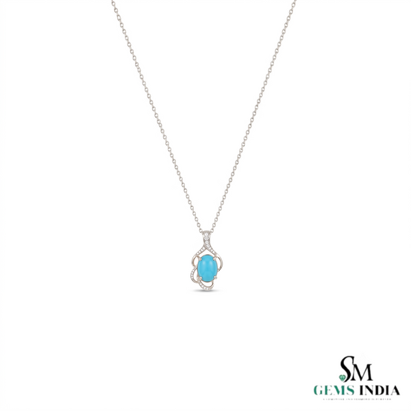 Vintage Turquoise Oval Pendant With Diamond Accent Swirl Design - Anniversary Gift