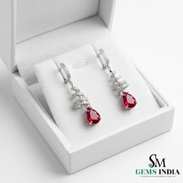 Teardrop Ruby Dangle Earrings with Diamond Spiral Design - Ruby Jewelry for Women