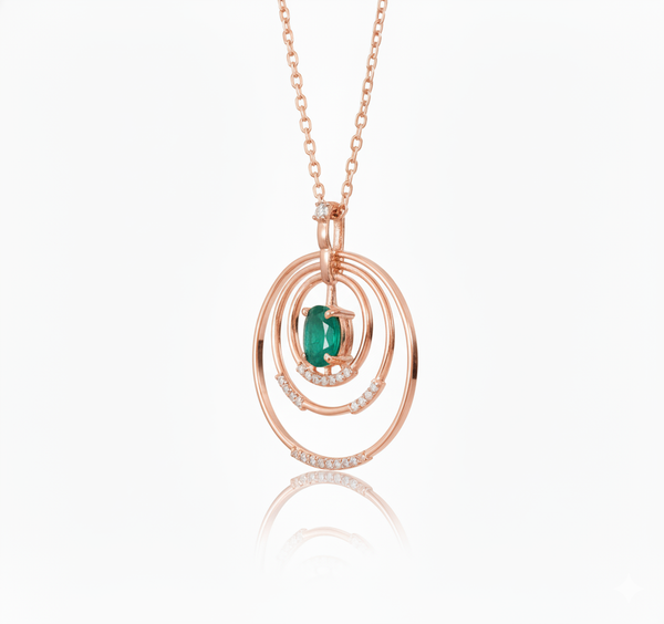 1.10 carat Oval shape Natural Emerald and Diamond Circle Pendant Necklace in 14K Gold