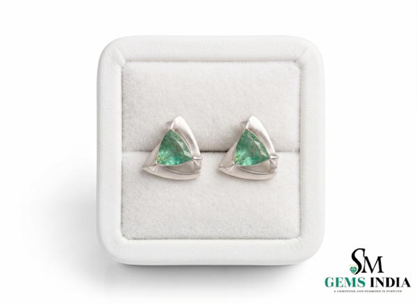 Trillion Cut Triangle shape Natural Emerald Stud Earrings in 14k gold Bold Geometric Earrings