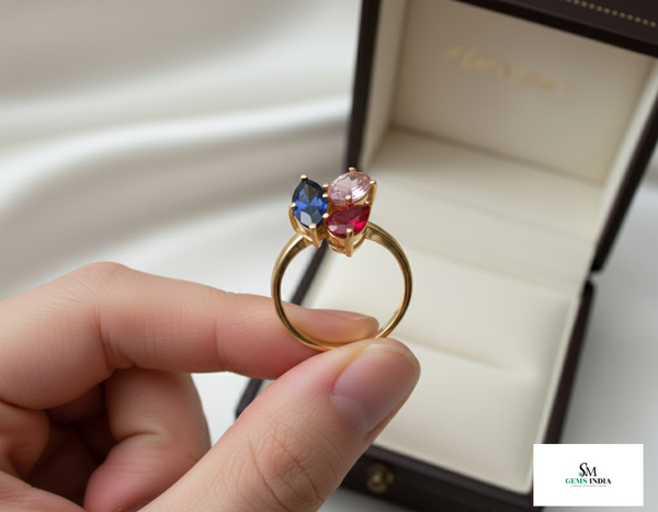 Doppelter Smaragd-Ring in offenem Design aus 14 Karat Gold – Band mit quadratisch und rund geschliffenen grünen Edelsteinen