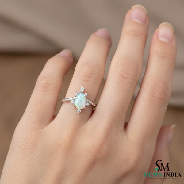 Pear Shape Opal Diamond Ring in 14K Gold Elegant Halo Ring October Birthstone Jewelry