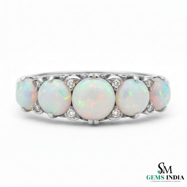 Round Opal and Diamond Band Ring in 14K Gold Eternity-Style Ring