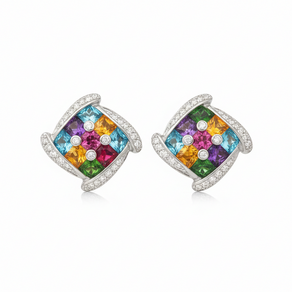 Multicolor Sapphire Cluster Earrings with Diamond Halo - Colorful gemstone earrings