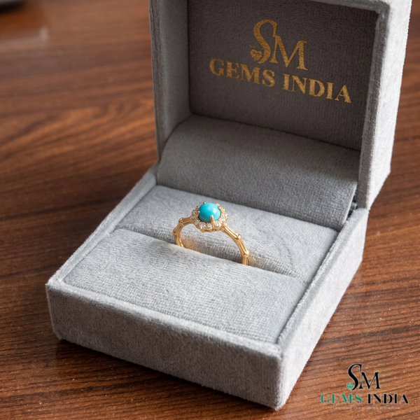 Round Turquoise Ring With Diamond Halo –Elegant Fine Jewelry