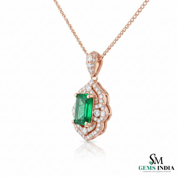 Emerald Cut Emerald Diamond Vintage Style Halo Pendant