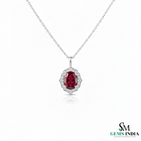 Vintage Style Oval Cut Natural Ruby and Diamond Halo Pendant in 18k Gold