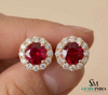 Round Ruby Halo Stud Earrings with Diamonds - Elegant Ruby Gold Stud Earrings
