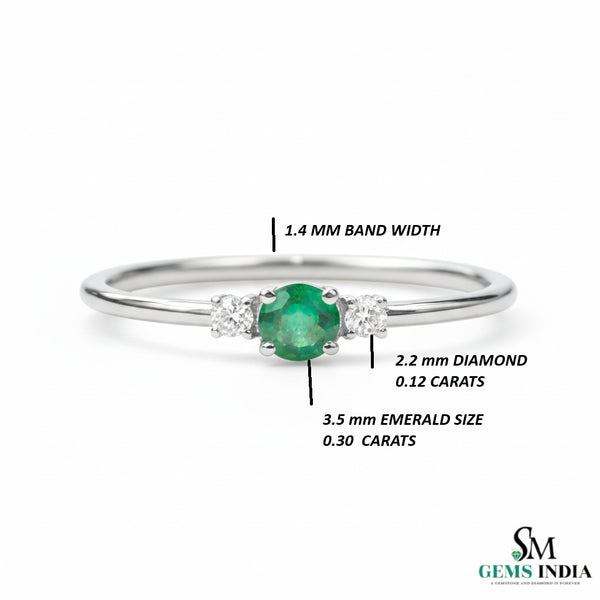 Round Emerald and Diamond Accent Ring in Solid Gold – Dainty Promise Ring