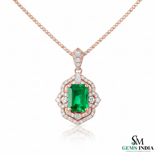 Emerald Cut Emerald Diamond Vintage Style Halo Pendant