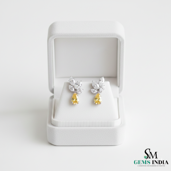 Pear Cut Yellow Citrine Drop Earrings with Leaf Moissanite - Elegant Gold Jewelry Gift