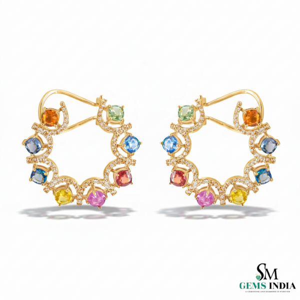 Cushion Gemstone Multicolor Sapphire & Diamond Open Hoop Earrings