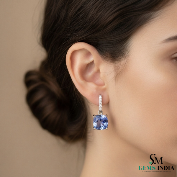 Elegant Cushion Cut Tanzanite Diamond Dangle Earrings in 18K Gold