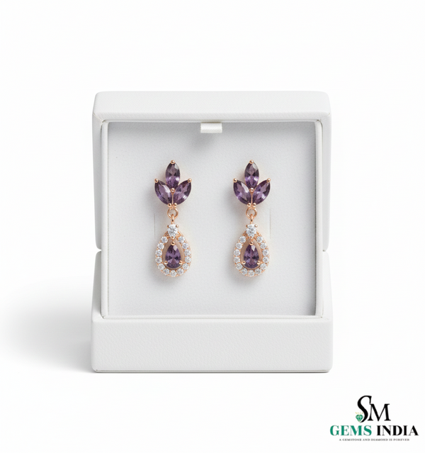Marquise Cut and Pear Amethyst & Diamond Earrings Anniversary Gift for her