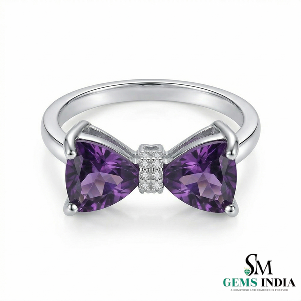 Double Trillion Cut Amethyst Bow Ring with Diamond Accent