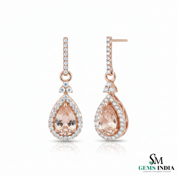 Pear-Shaped Morganite Diamond Halo Dangle Earrings - Pink Gemstone Drop Earrings