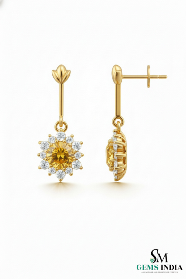 Round cut Natural Citrine & Diamond Floral Drop Earrings - Luxury Jewelry Gift
