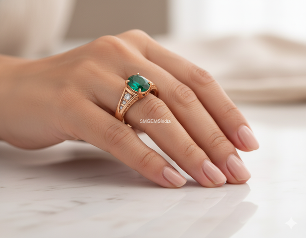 3.20 carat Oval cut Natural Emerald & Diamond Accent Ring with Split Shank Band