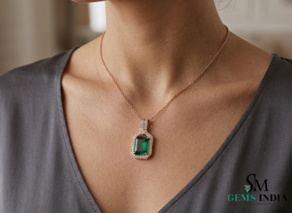 8.10 carat Stunning Natural Emerald Pendant Emerald Cut Green Gem with Diamond Halo Glow