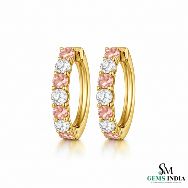 Morganite Diamond Huggie Hoop Earrings - Morganite Wedding Earrings