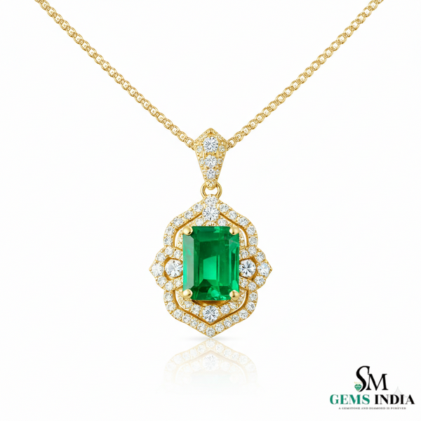 Emerald Cut Emerald Diamond Vintage Style Halo Pendant