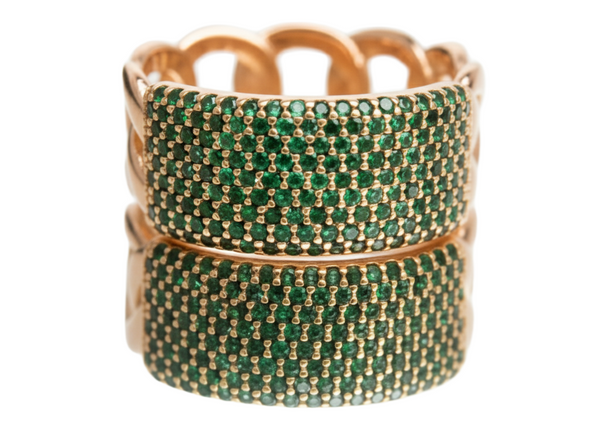 0.80 carat Round Shaped Natural Emerald Iced Out Green Stone Chain Link Ring For men's