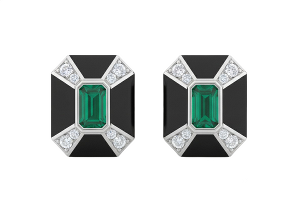 1.30 carat Emerald Cut Zambian Emerald & Diamond Black Enamel 14k Gold Stud Earrings