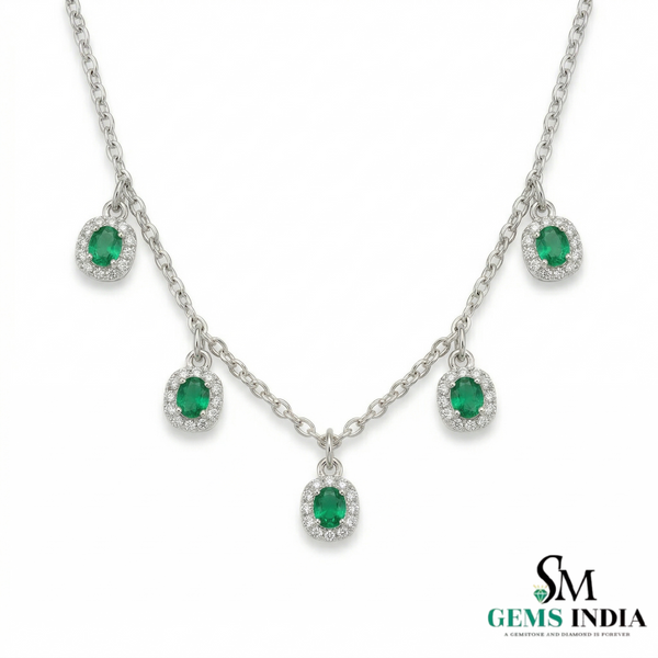 Elegant Oval Emerald Station Necklace with Diamond Halo - Gift for her