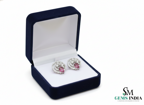 Emerald Cut Ruby & Moissanite Halo Stud Earrings in 14k Gold Gift for Her