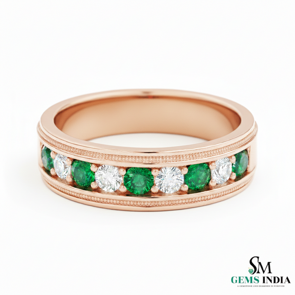 Men's 18k Gold Genuine Emerald & Diamond Wedding Band – May Birthstone