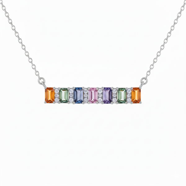 Rainbow Bar Necklace in 14k Gold Emerald Cut Multicolor Pendant