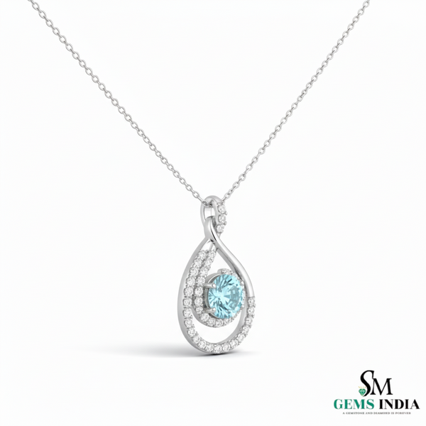 Classic Round Aquamarine Diamond Swirl Teardrop Pendant