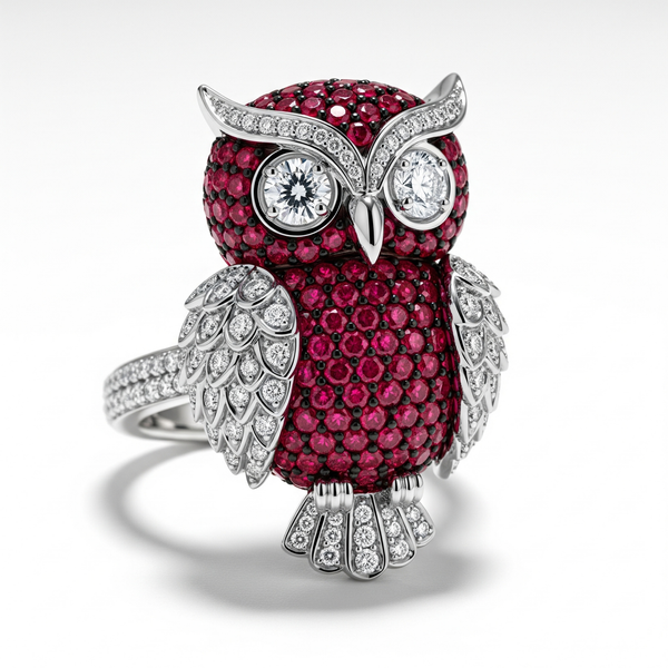 Natural Ruby And Diamond OWL Animal Ring In 18K Solid Gold , Elegant OWL Shape Ring