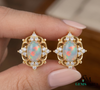 Oval Natural Opal & Diamond Stud Earrings Classic Gold Opal Earrings