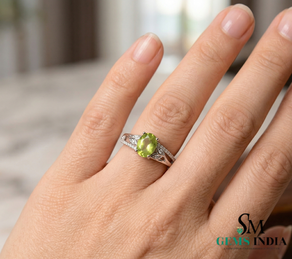 Oval Peridot Ring with Diamond Leaf Accents - Promise ring