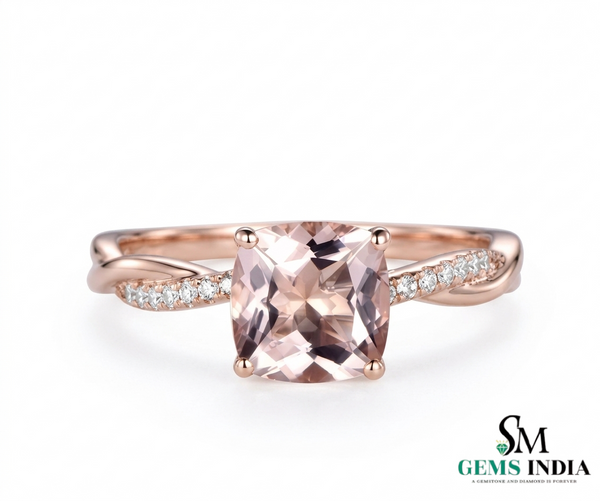 Cushion Cut Peach Morganite Ring with Twisted Diamond Band