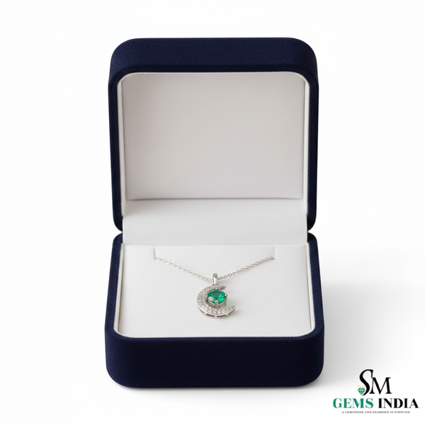 Crescent Moon Round Natural Emerald Pendant in 18k Gold Minimalist Birthstone Jewelry