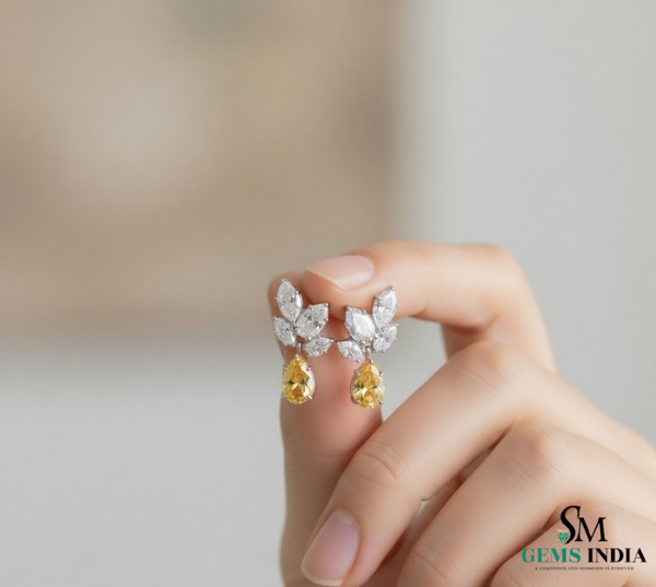 Pear Cut Yellow Citrine Drop Earrings with Leaf Moissanite - Elegant Gold Jewelry Gift