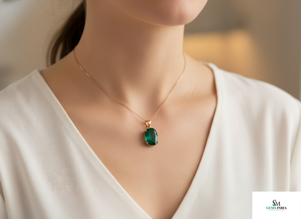 2.10 carat Emerald Cut Natural Emerald Pendant Necklace in 14k gold with Diamond Accent Bail Design