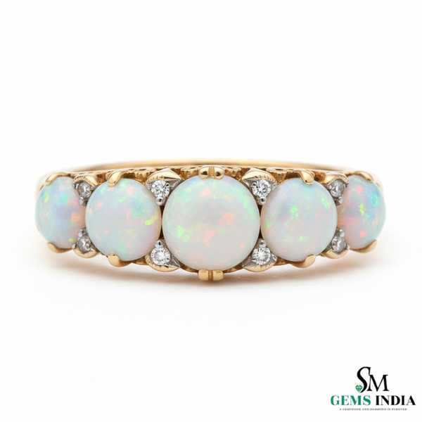 Round Opal and Diamond Band Ring in 14K Gold Eternity-Style Ring