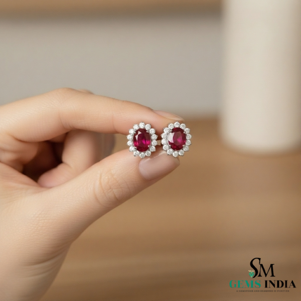 Vintage style Oval cut Natural Ruby Diamond Stud Earrings Gift for Her