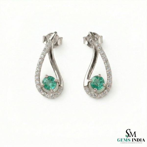 Natural Emerald Tear Drop Stud Earrings with Diamond Accents