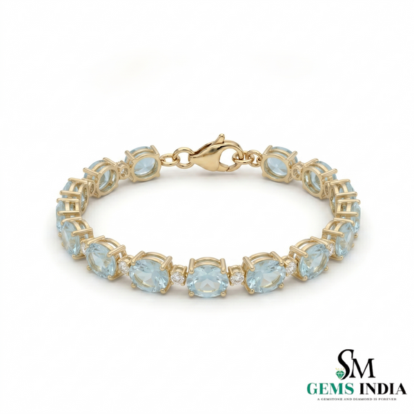 Oval Aquamarine Tennis Bracelet with Diamond Accents - Gift for Wife