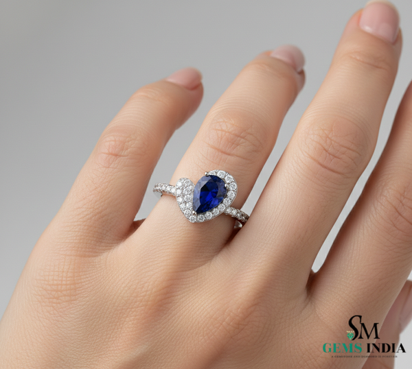 Pear Shape Blue Sapphire Diamond Ring with Heart Halo - Promise Ring