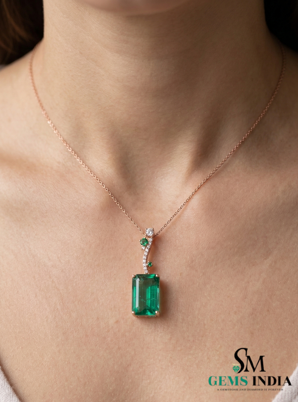 Elegant Emerald Birthstone Pendant for Women-Baguettes Green Emerald & Diamond Pendant