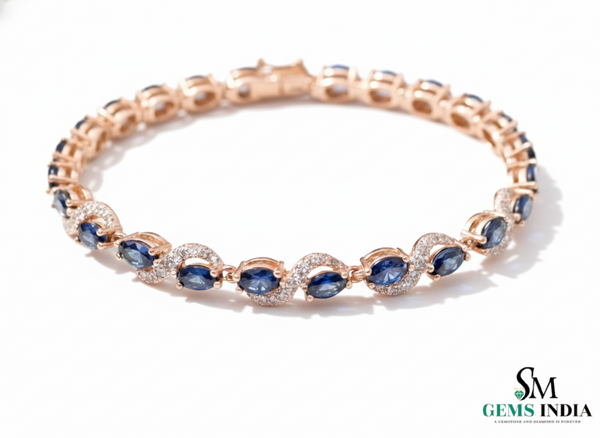 Elegant Oval Blue Sapphire and Diamond Tennis Bracelet - Gift For her