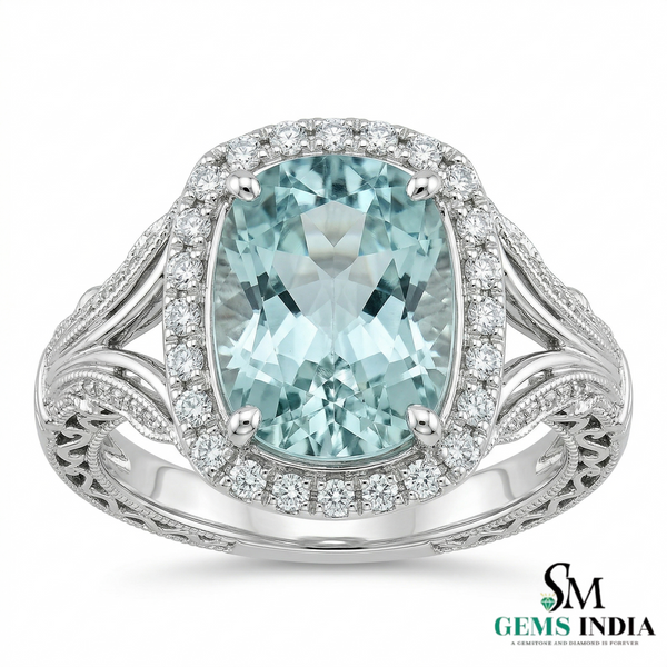 Cushion Aquamarine Engagement Ring with Diamond Halo Split Shank